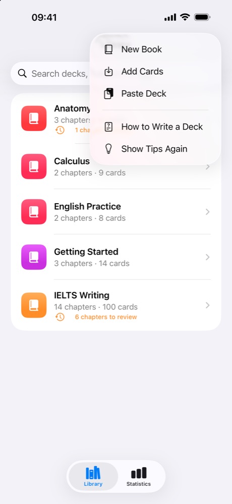 The + menu with New Book, Add Cards, Paste Deck, How to Write a Deck and Show Tips Again.