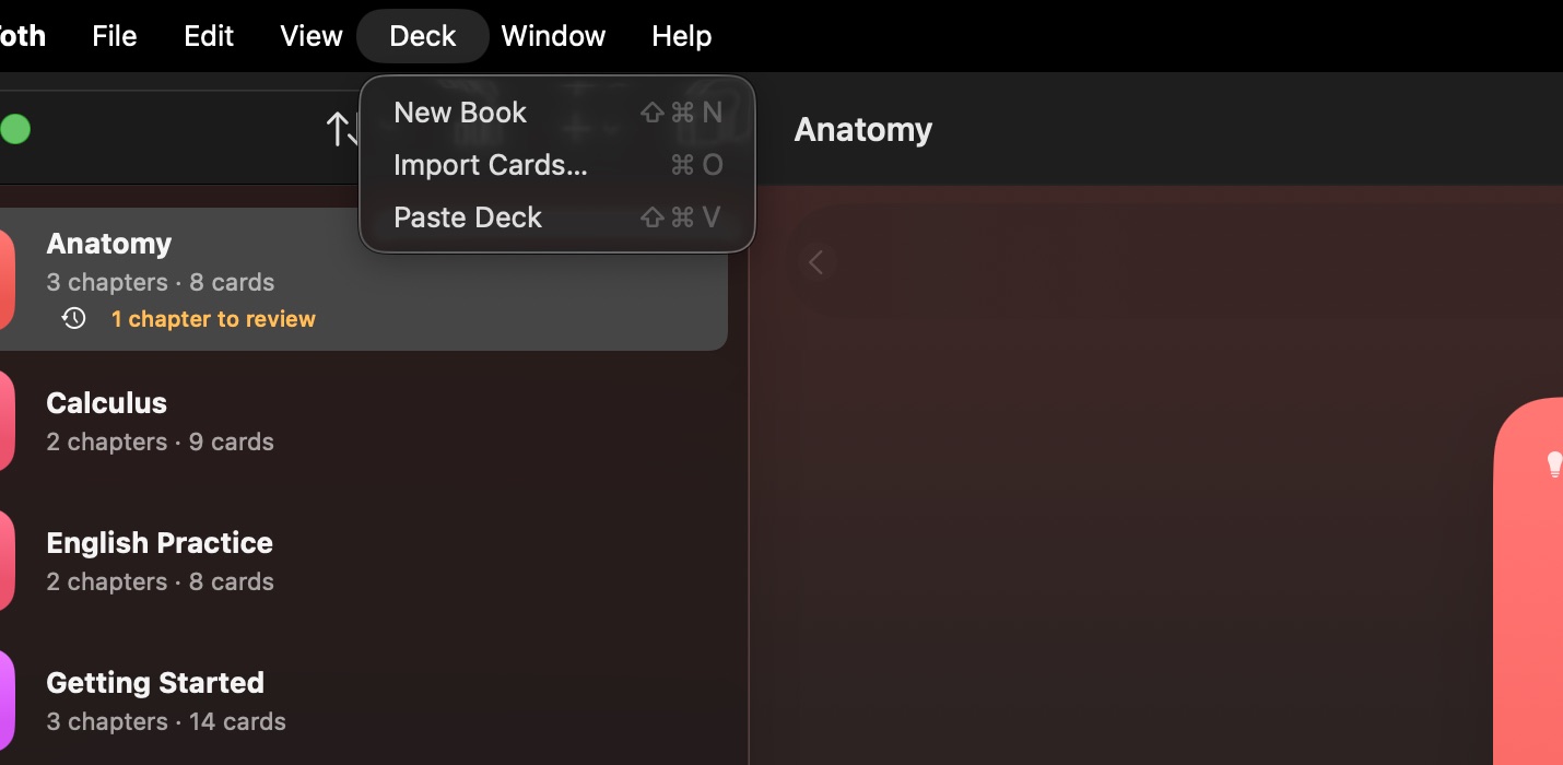 The Deck menu open, with New Book, Import Cards and Paste Deck and their shortcuts.
