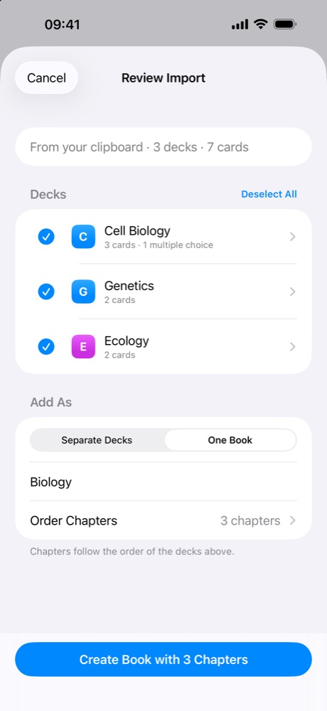 The Review Import screen with three biology decks and the option to add them as one book.