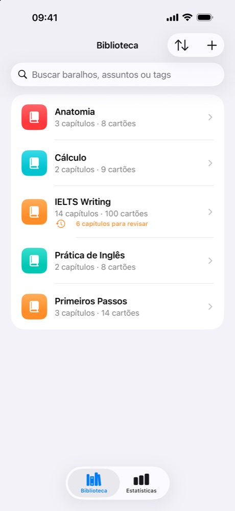 A Biblioteca com os livros Anatomia, Cálculo, IELTS Writing, Prática de Inglês e Primeiros Passos.