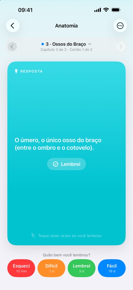 O verso de um cartão, com os botões Esqueci, Difícil, Lembrei e Fácil e quando cada um traz o cartão de volta.