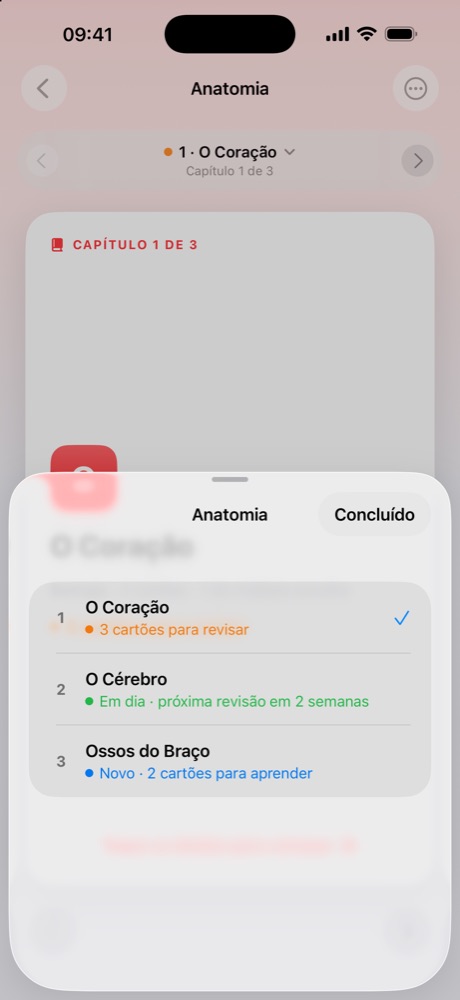 A lista de capítulos do livro Anatomia, com um capítulo para revisar, um em dia e um novo.