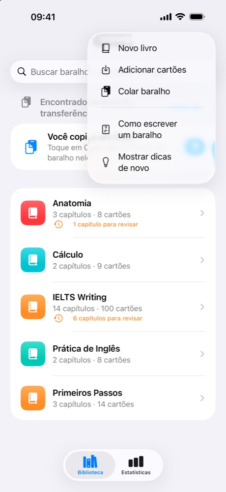 O menu + com Novo livro, Adicionar cartões, Colar baralho, Como escrever um baralho e Mostrar dicas de novo.