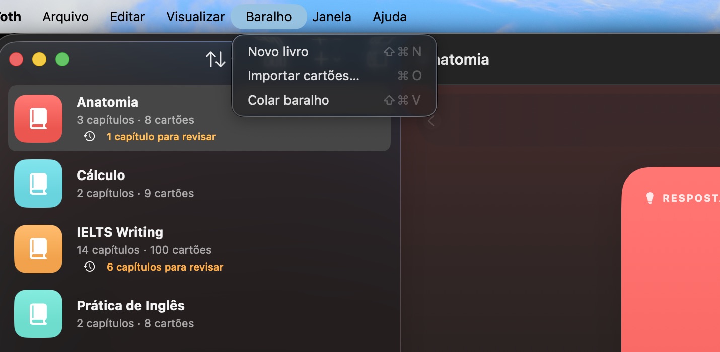 O menu Baralho aberto, com Novo livro, Importar cartões e Colar baralho e seus atalhos.